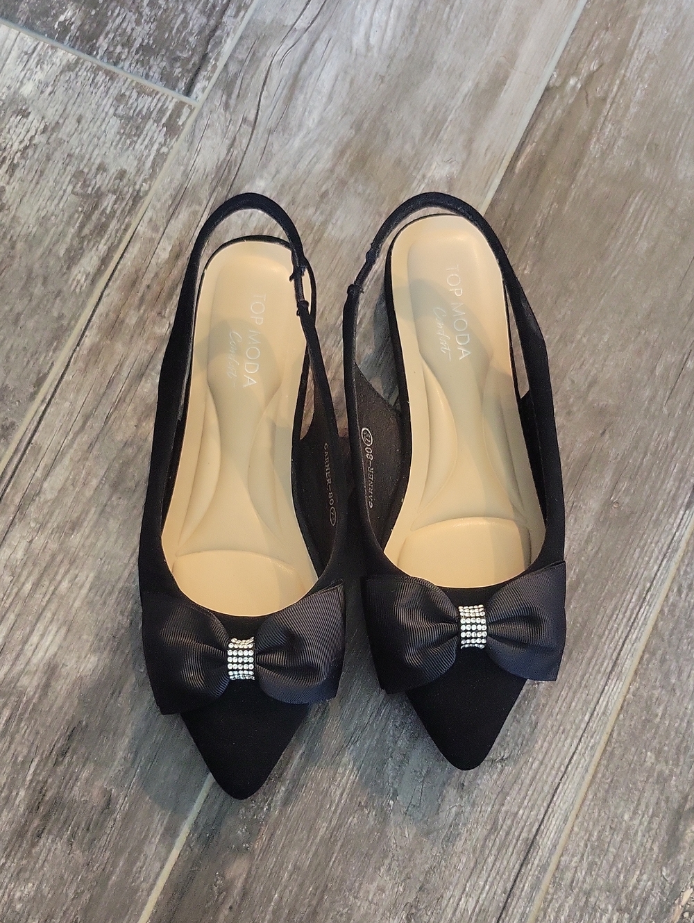 TOP Moda Black Pointed Slingback Flats with Decorative Bow